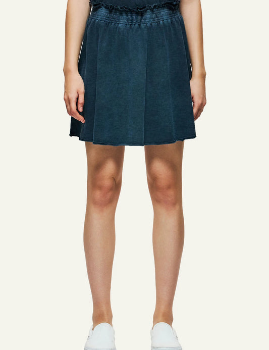 dark blue mini skirt raw edges elastic waist casual fit model view.