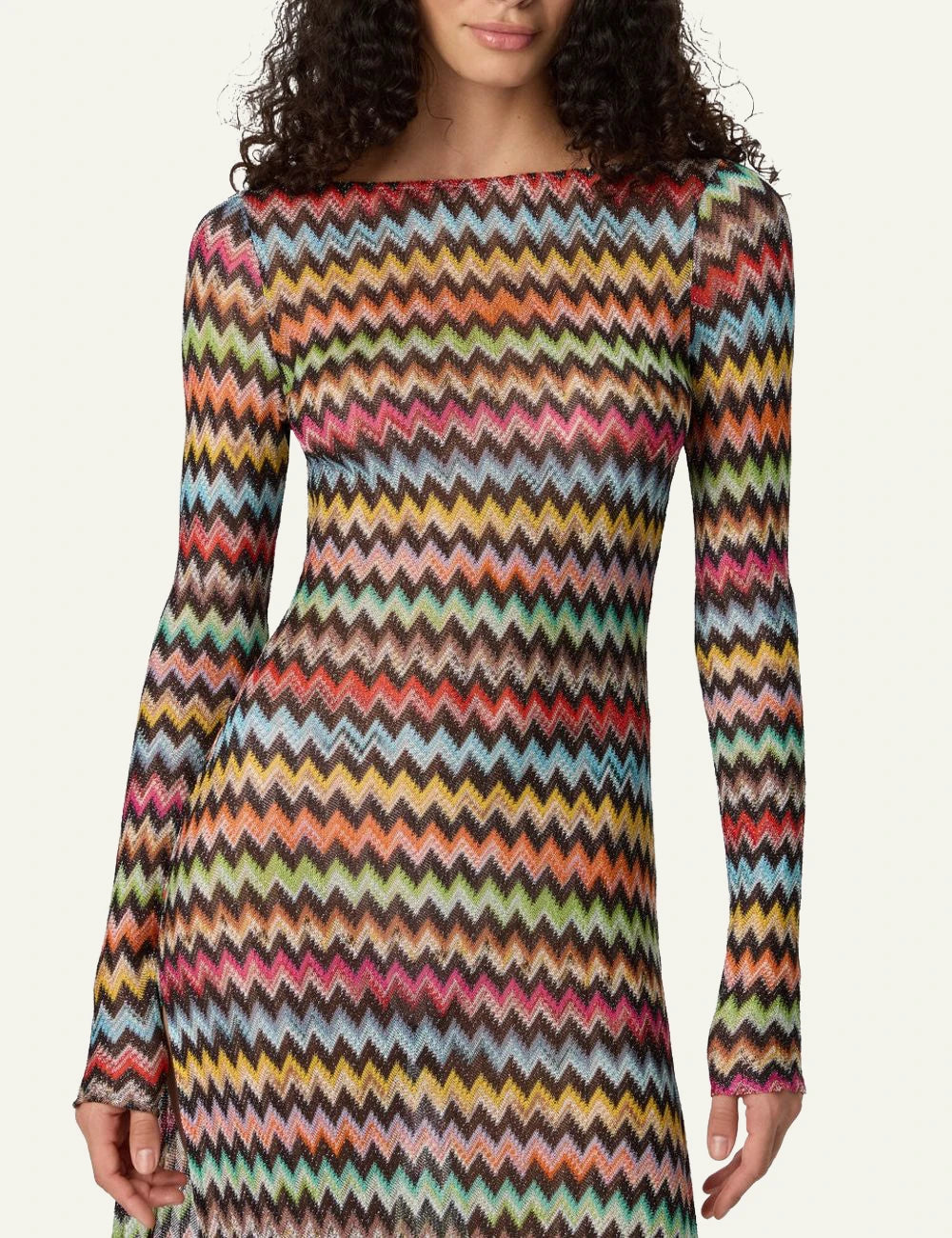 Missoni zigzag beach cover up dress multicolor open back long sleeves front model view