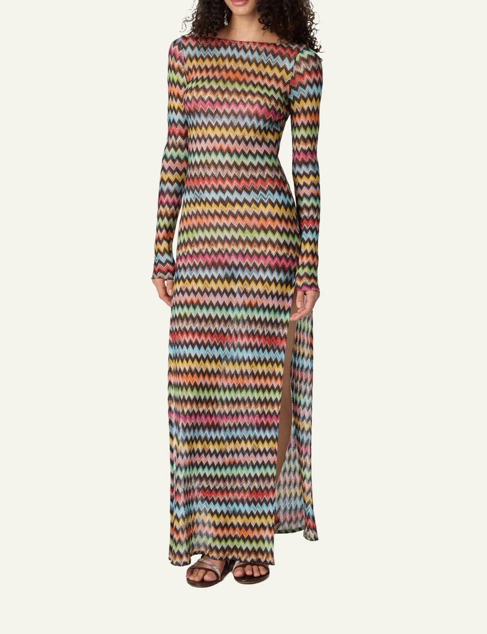 Missoni zigzag beach cover up dress multicolor open back long sleeves front full body view