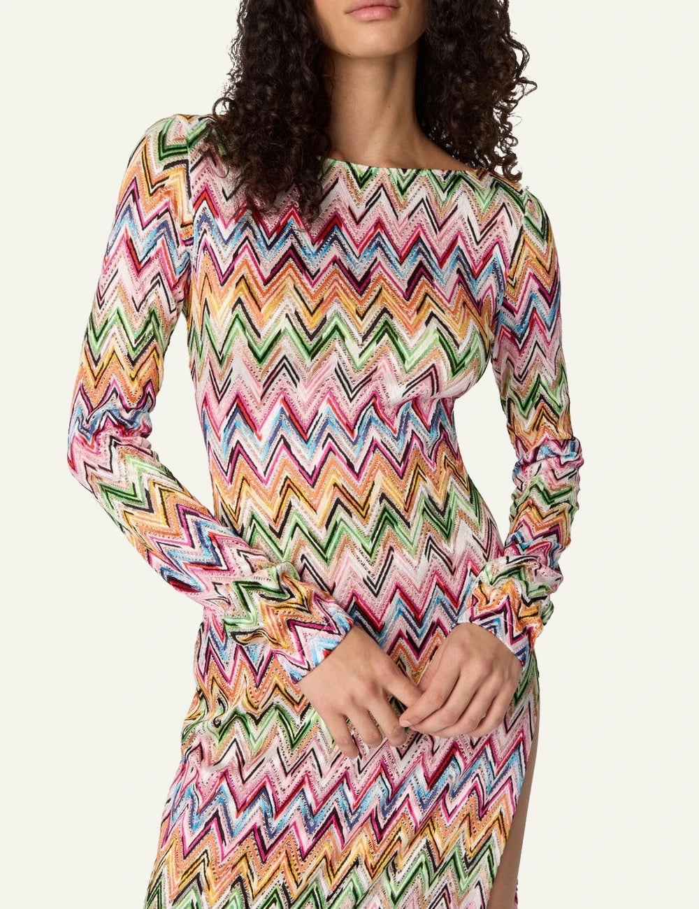 missoni beach dress zigzag mesh multicolor long sleeve front detail view