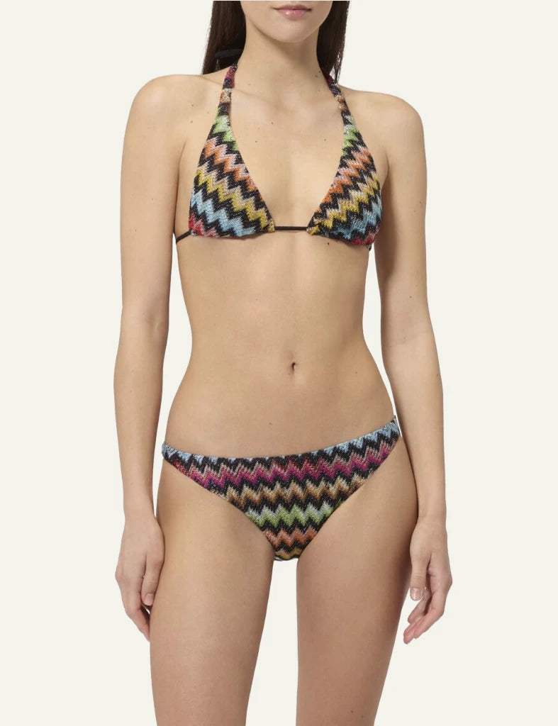Missoni mare bikini multicolor zigzag triangle black base set front full body view