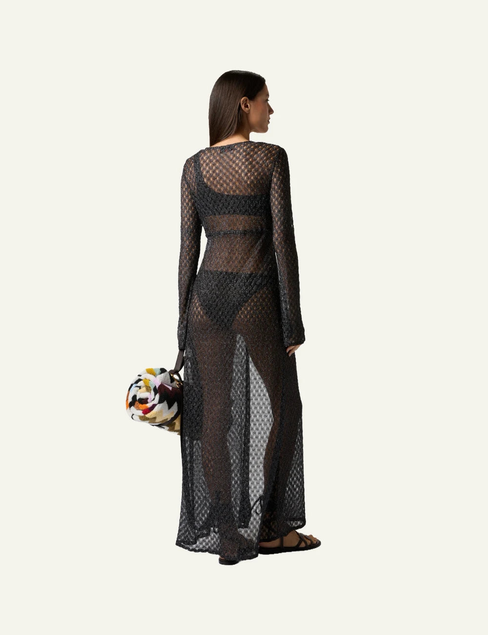 missoni black lamé knit long beach cardigan spiderweb lace back view