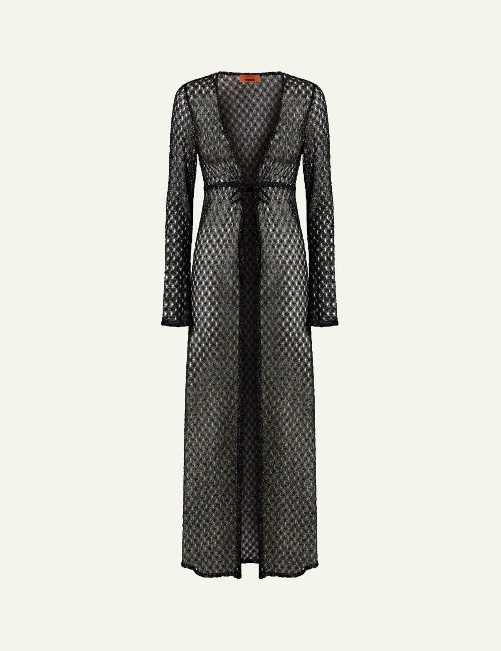 missoni black lamé knit long beach cardigan spiderweb lace front flat view
