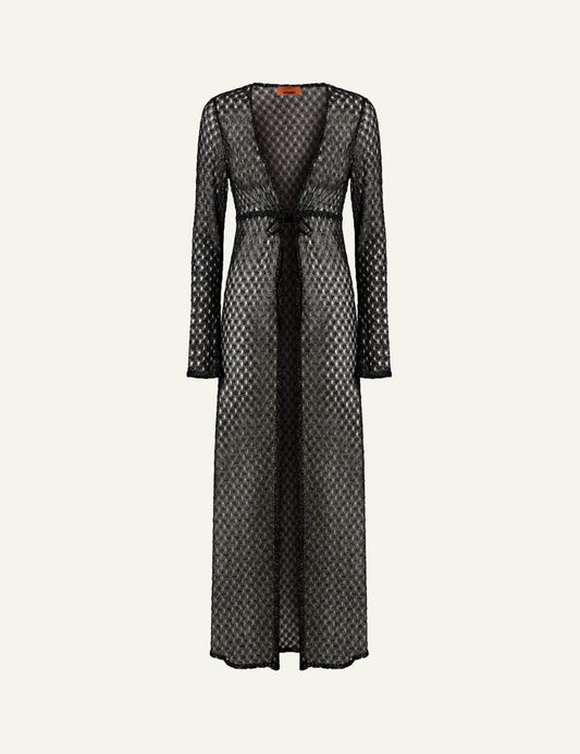 missoni black lamé knit long beach cardigan spiderweb lace front flat view