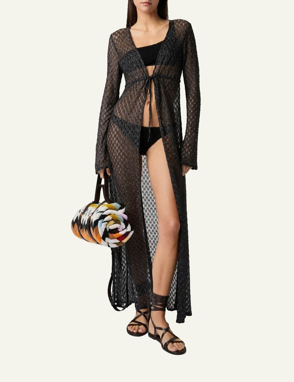 missoni black lamé knit long beach cardigan spiderweb lace front full body view