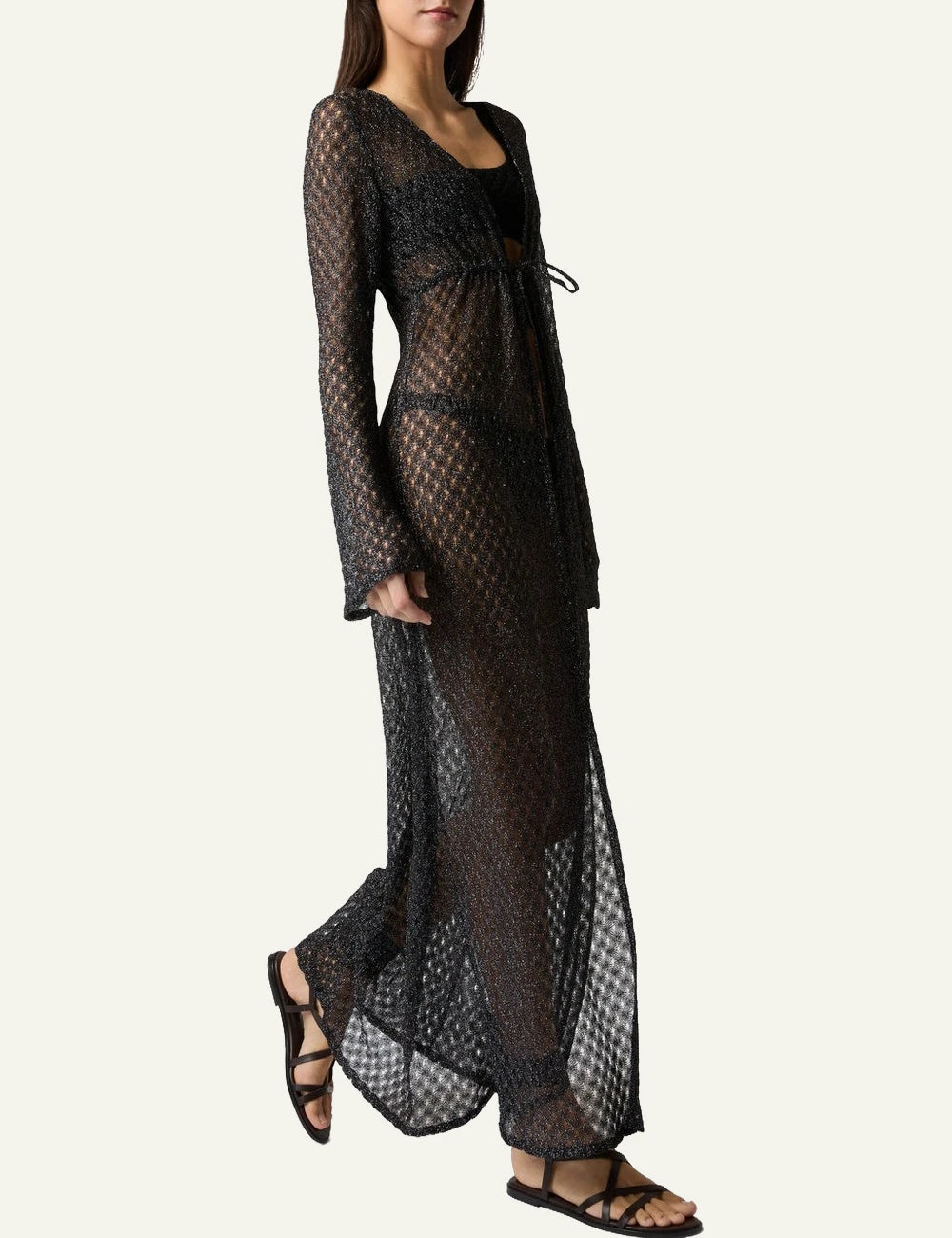 missoni black lamé knit long beach cardigan spiderweb lace side view