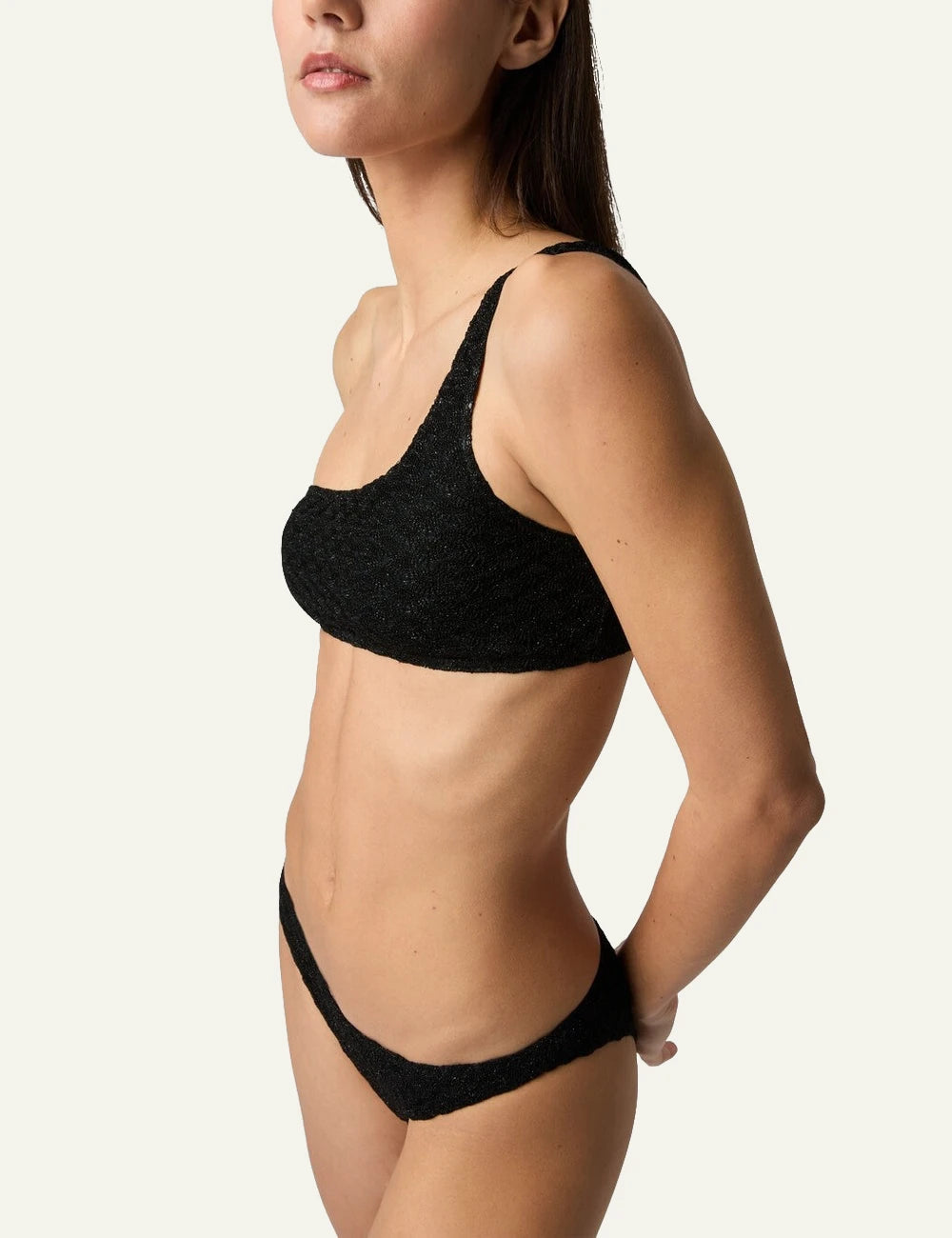 missoni black one shoulder bikini lame knit spiderweb pattern side view