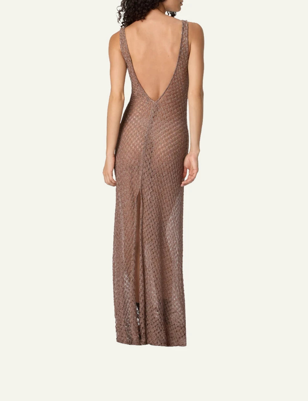 missoni brown lamé knit maxi dress deep v neck back view