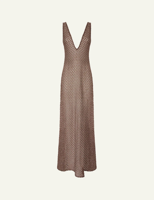 missoni brown lamé knit maxi dress deep v neck front flat view