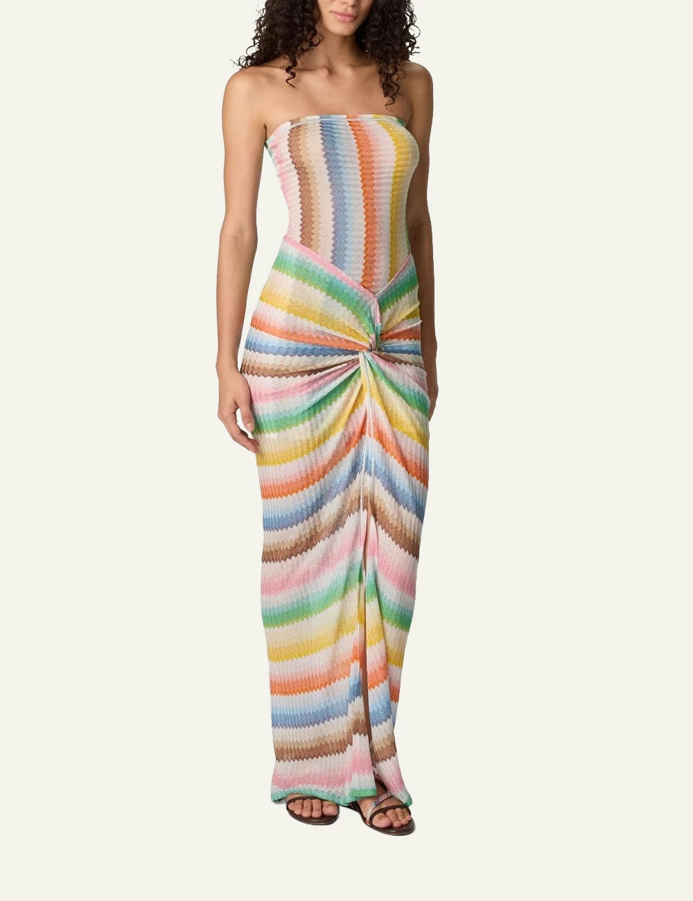missoni bustier dress multicolor zigzag knit long knot front full body view
