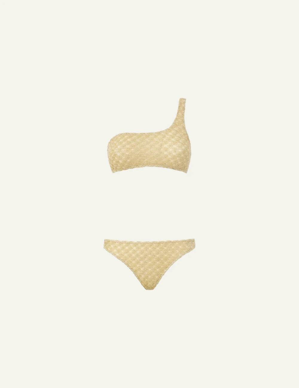 missoni gold one shoulder bikini lame knit spiderweb pattern front flat view