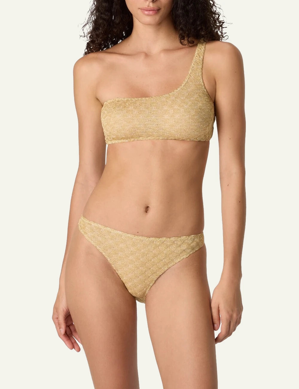 missoni gold one shoulder bikini lame knit spiderweb pattern front full body view