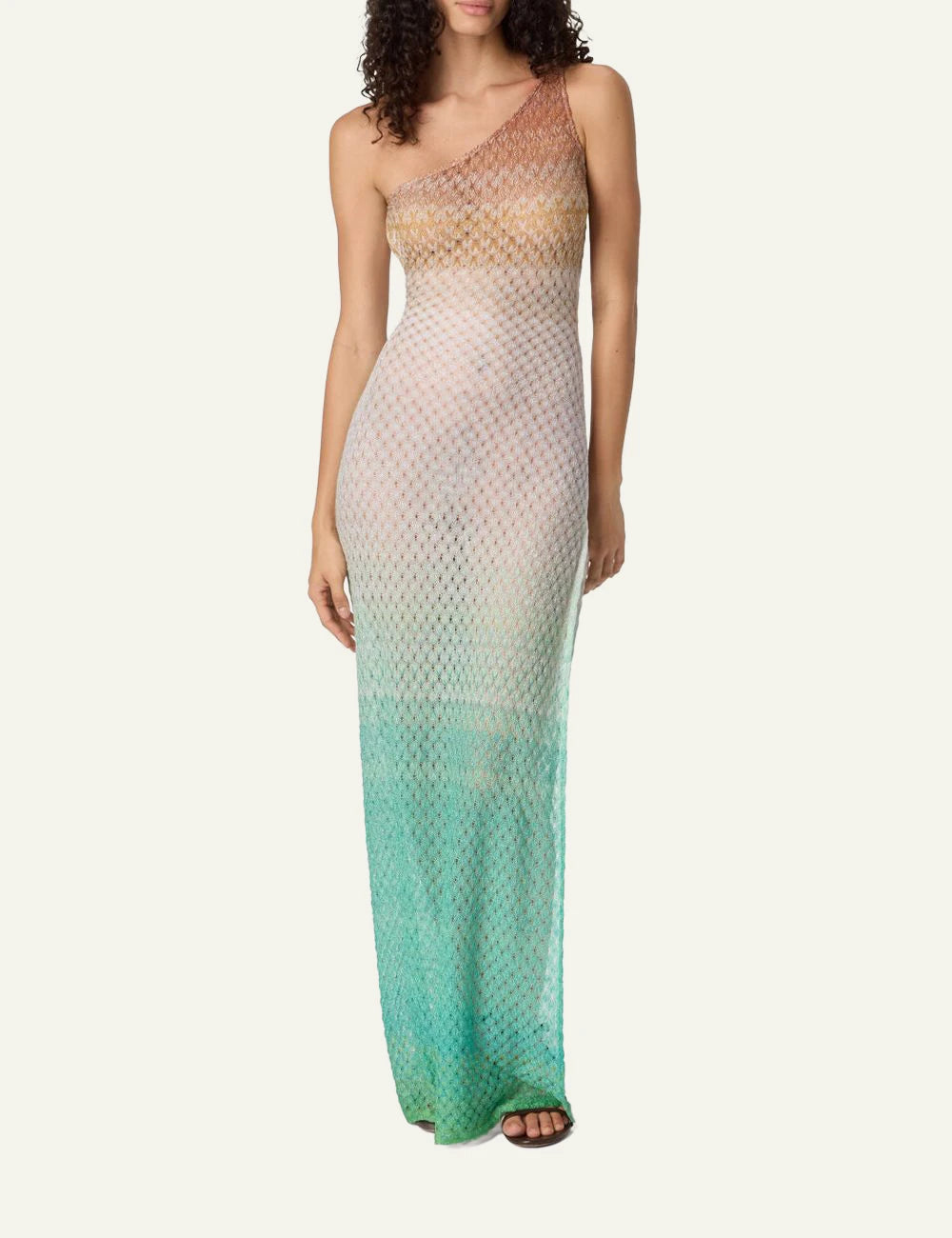 Missoni gradient knit one shoulder maxi dress front model product view