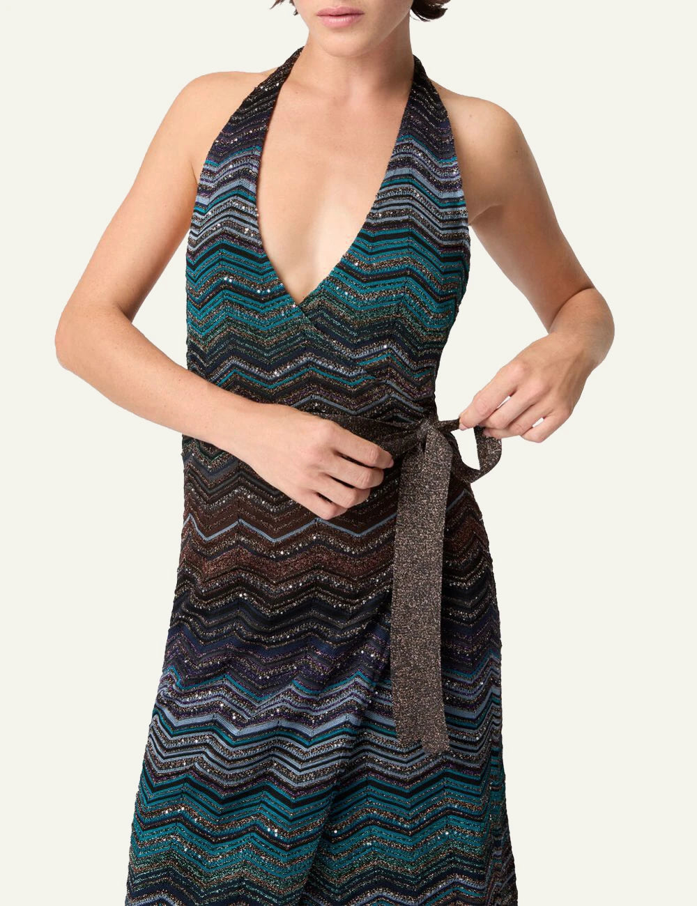 Missoni halter knit dress multicolor zigzag pattern front model view