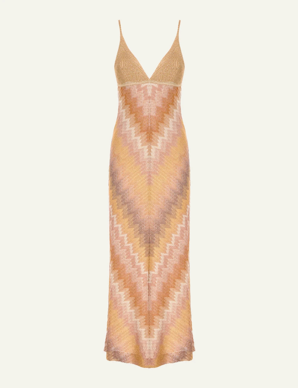 Missoni knit maxi dress gold zigzag pattern front flat view