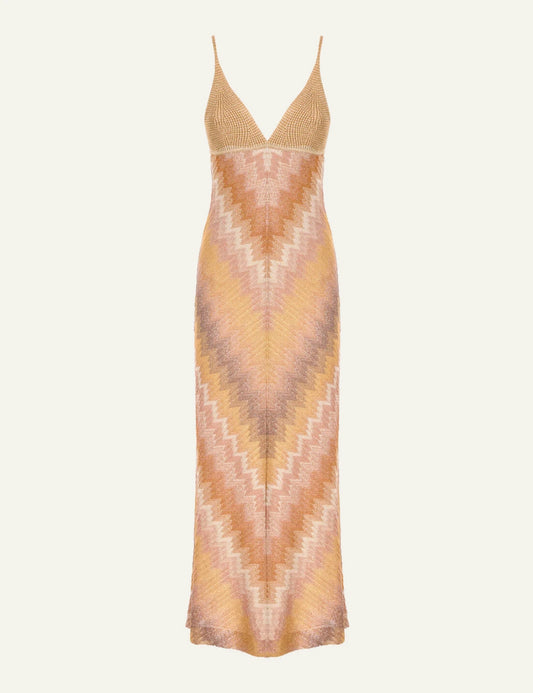 Missoni knit maxi dress gold zigzag pattern front flat view