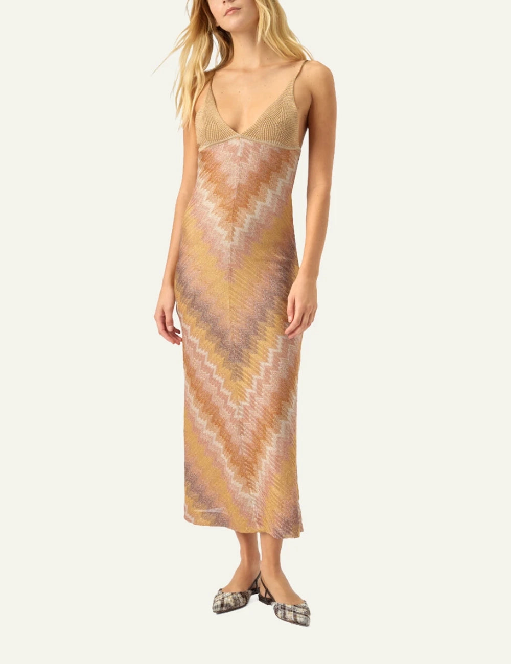 Missoni knit maxi dress gold zigzag pattern full body view