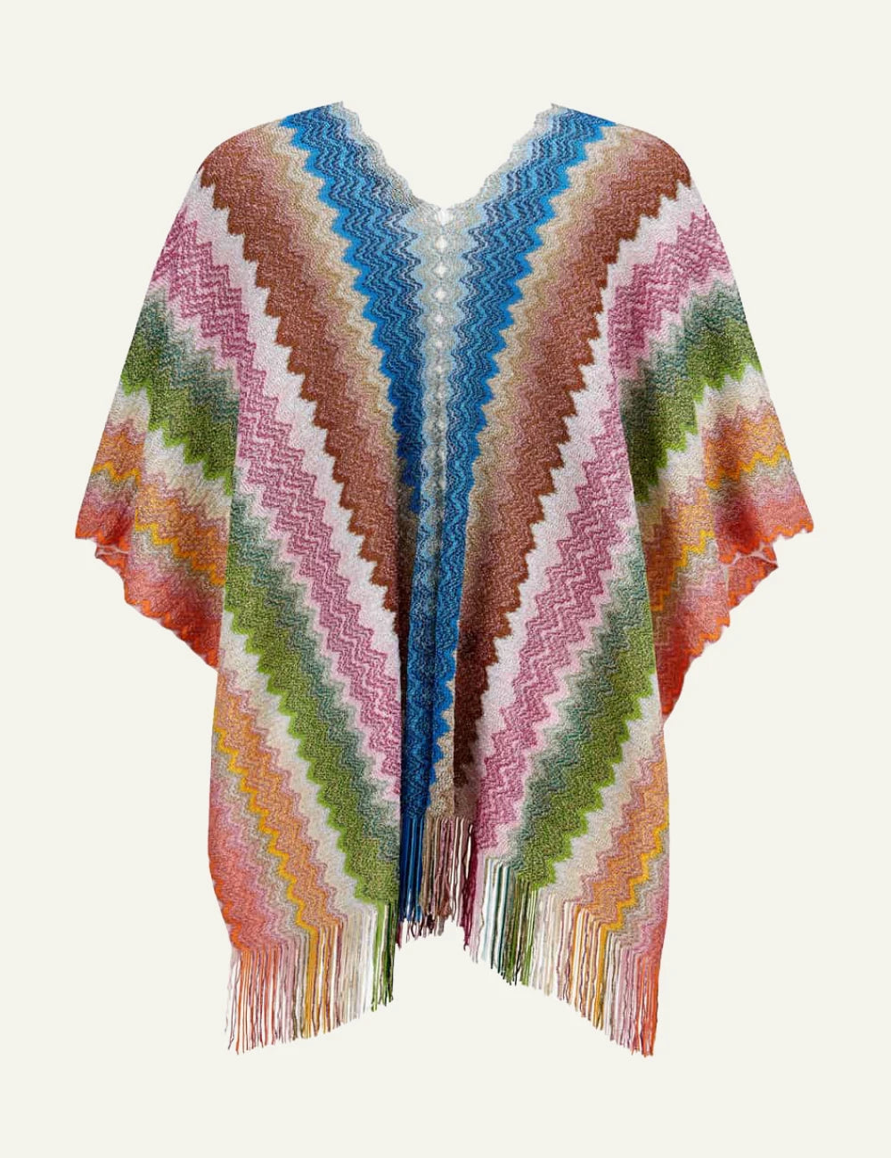 Missoni knit poncho multicolor zigzag pattern with fringes back flat view