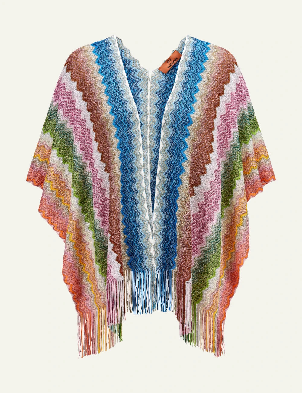 Missoni knit poncho multicolor zigzag pattern with fringes front flat view