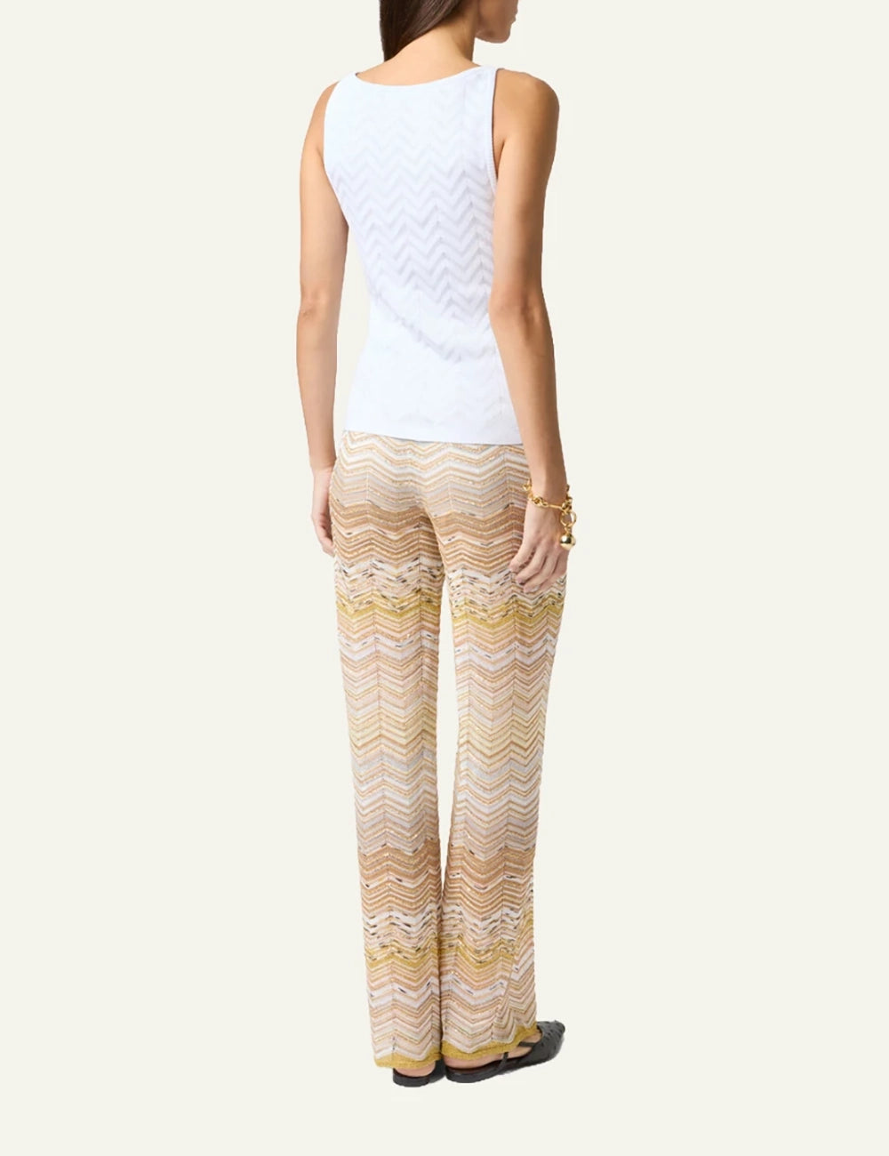 Missoni knit wide leg pants beige zigzag pattern back model view 2