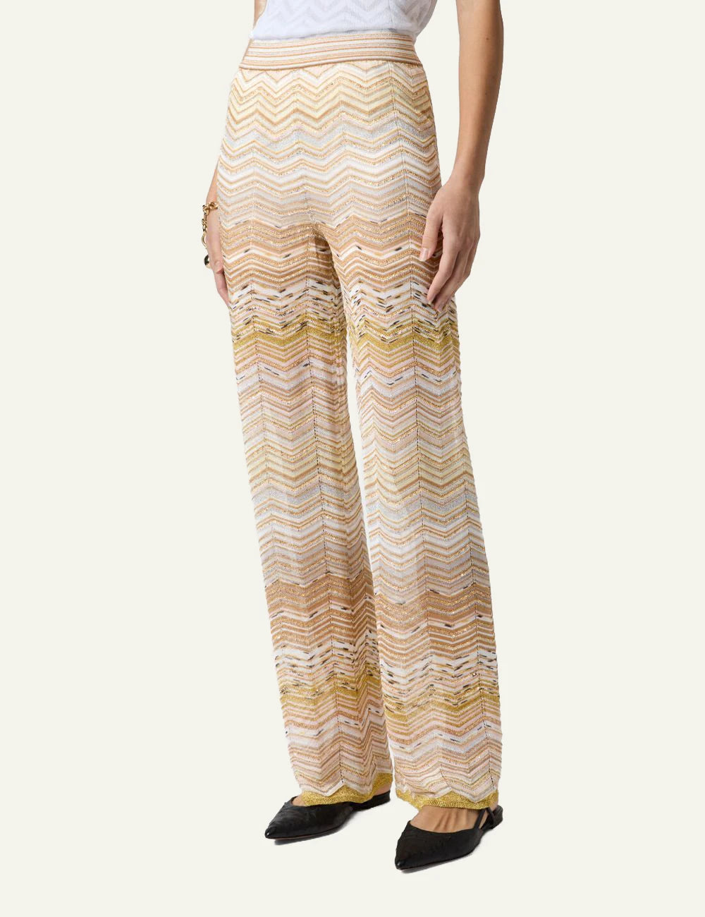 Missoni knit wide leg pants beige zigzag pattern front model view