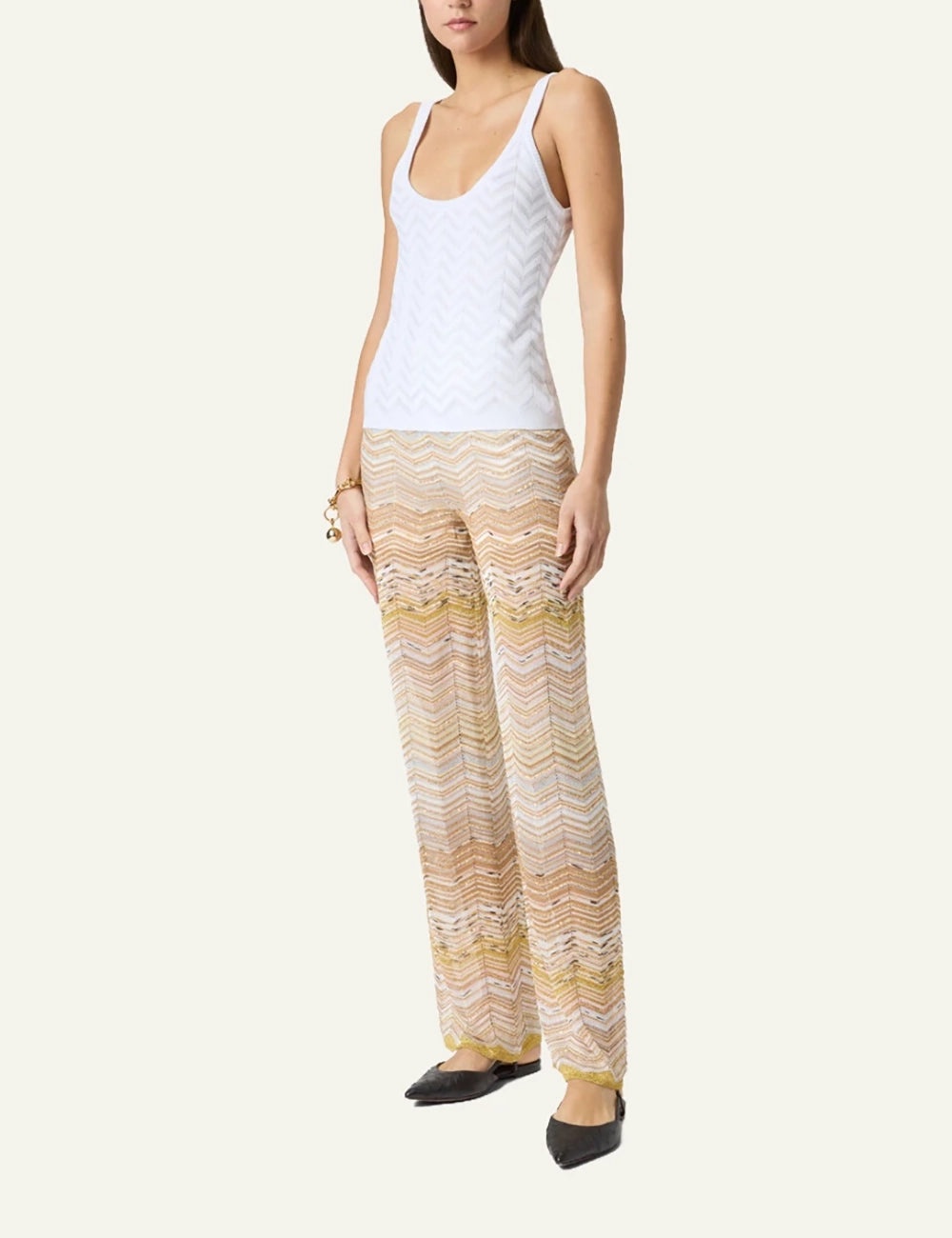 Missoni knit wide leg pants beige zigzag pattern full model view