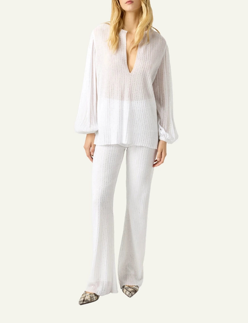 Missoni knit wide leg pants white textured pattern full body view