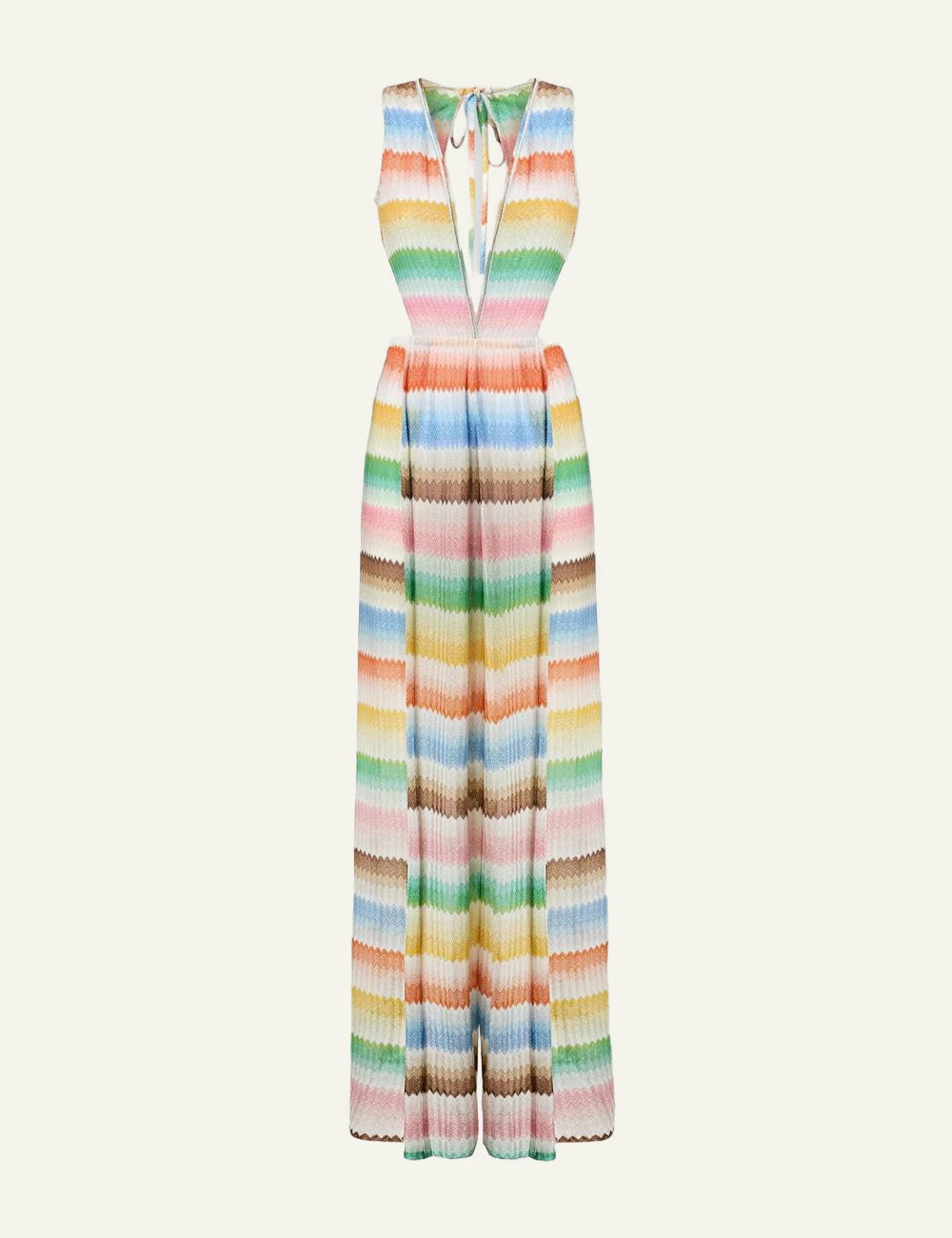 Missoni long dress zigzag multicolor deep V open back sleeveless front flat view
