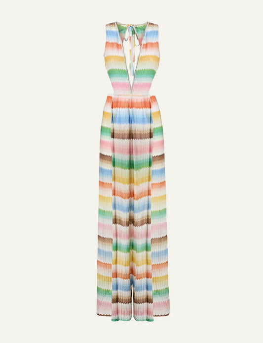 Missoni long dress zigzag multicolor deep V open back sleeveless front flat view