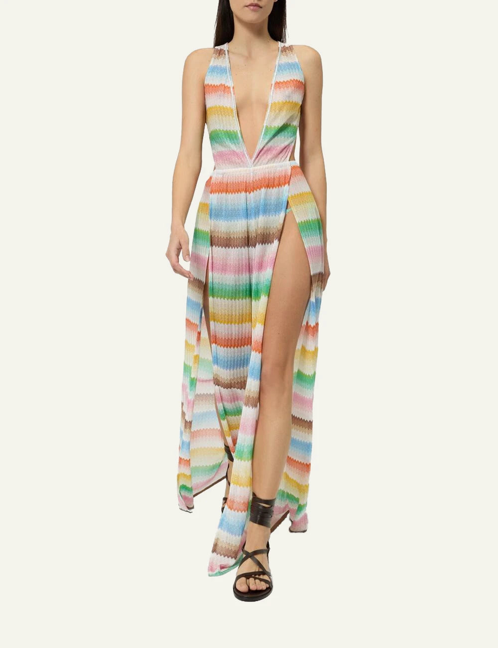 Missoni long dress zigzag multicolor deep V open back sleeveless front model view