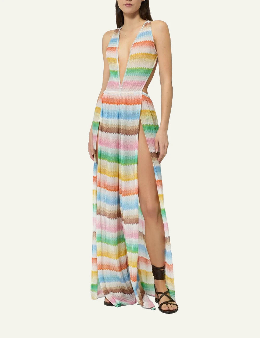 Missoni long dress zigzag multicolor deep V open back sleeveless front full body view