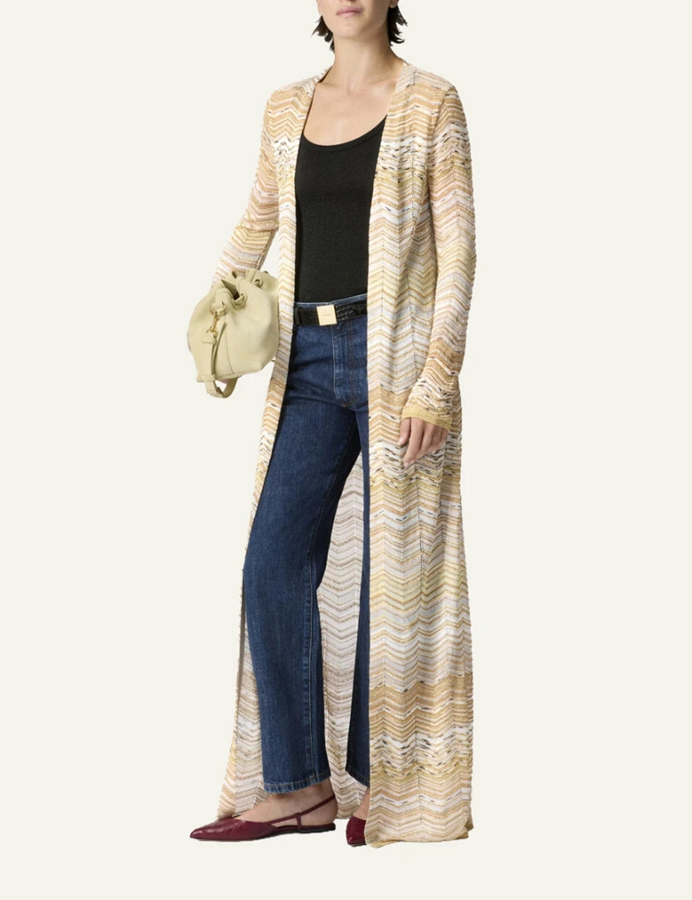 Missoni long knit cardigan beige zigzag pattern front model view