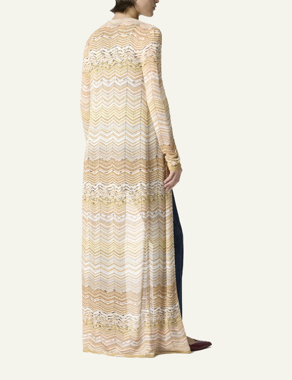 Missoni long knit cardigan beige zigzag pattern full model view