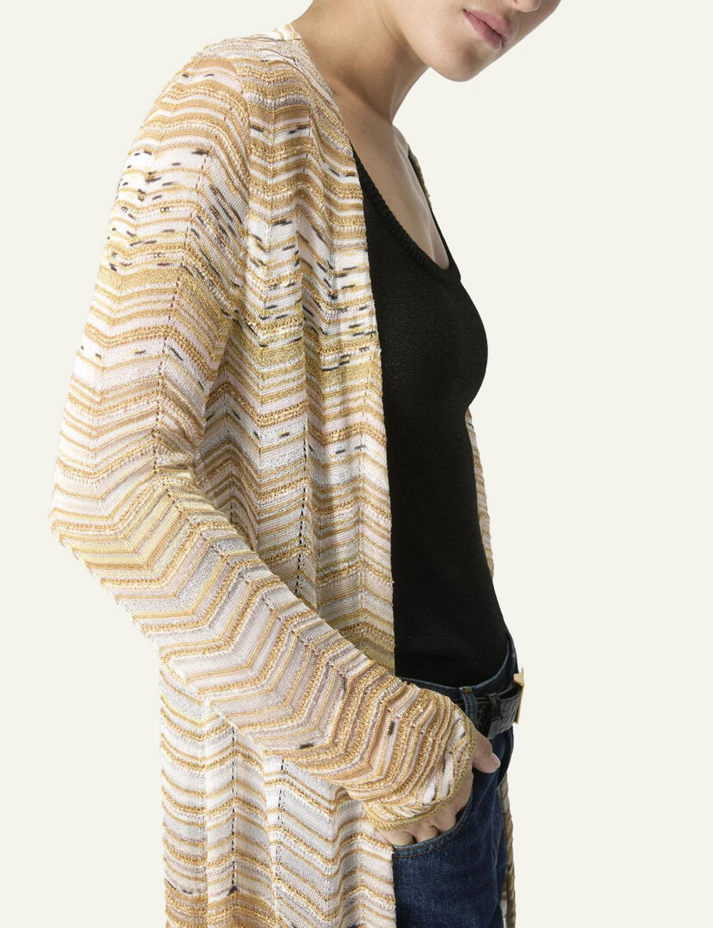 Missoni long knit cardigan beige zigzag pattern side model view
