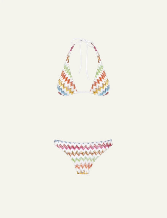 Missoni mare bikini multicolor zigzag triangle white base set front view