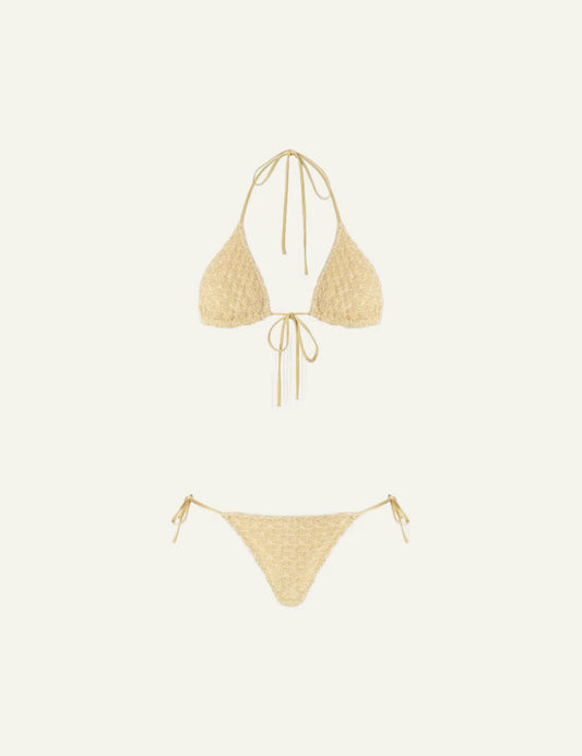 Missoni Mare gold knit triangle bikini set flat lay view