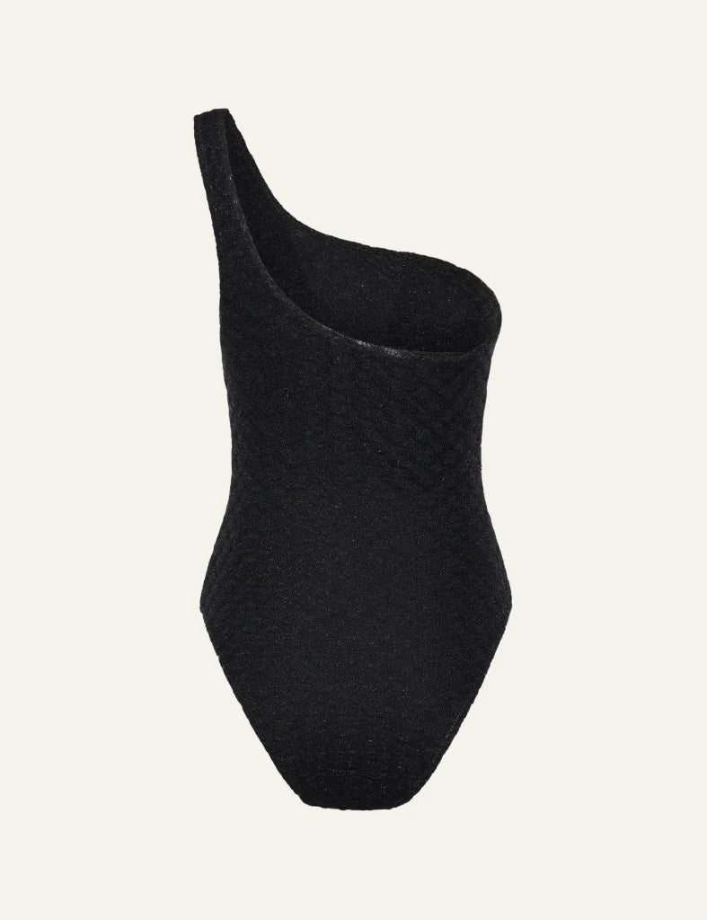 Missoni mare one piece black one shoulder shimmer fitted back view