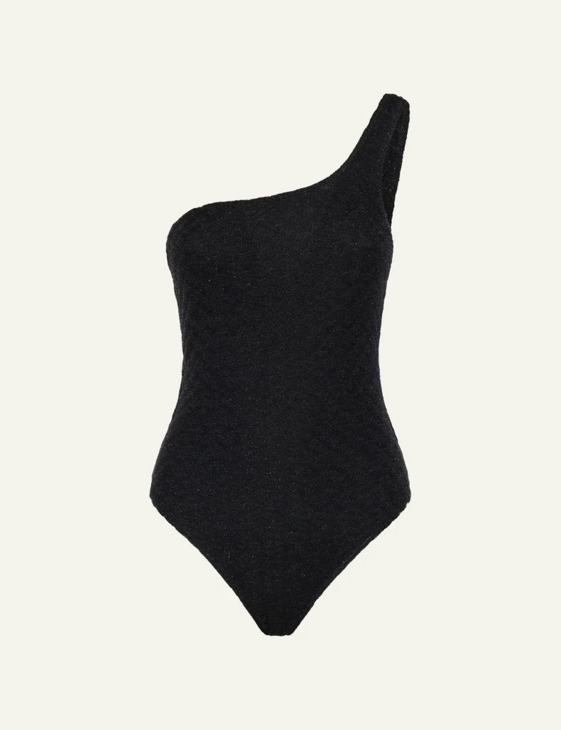 Missoni mare one piece black one shoulder shimmer fitted front view
