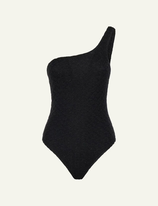 Missoni mare one piece black one shoulder shimmer fitted front view