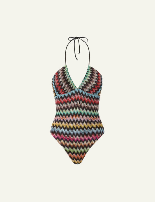 Missoni mare one piece multicolor zigzag halter v neck black base front view
