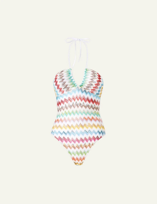 Missoni mare one piece multicolor zigzag halter v neck white base front view