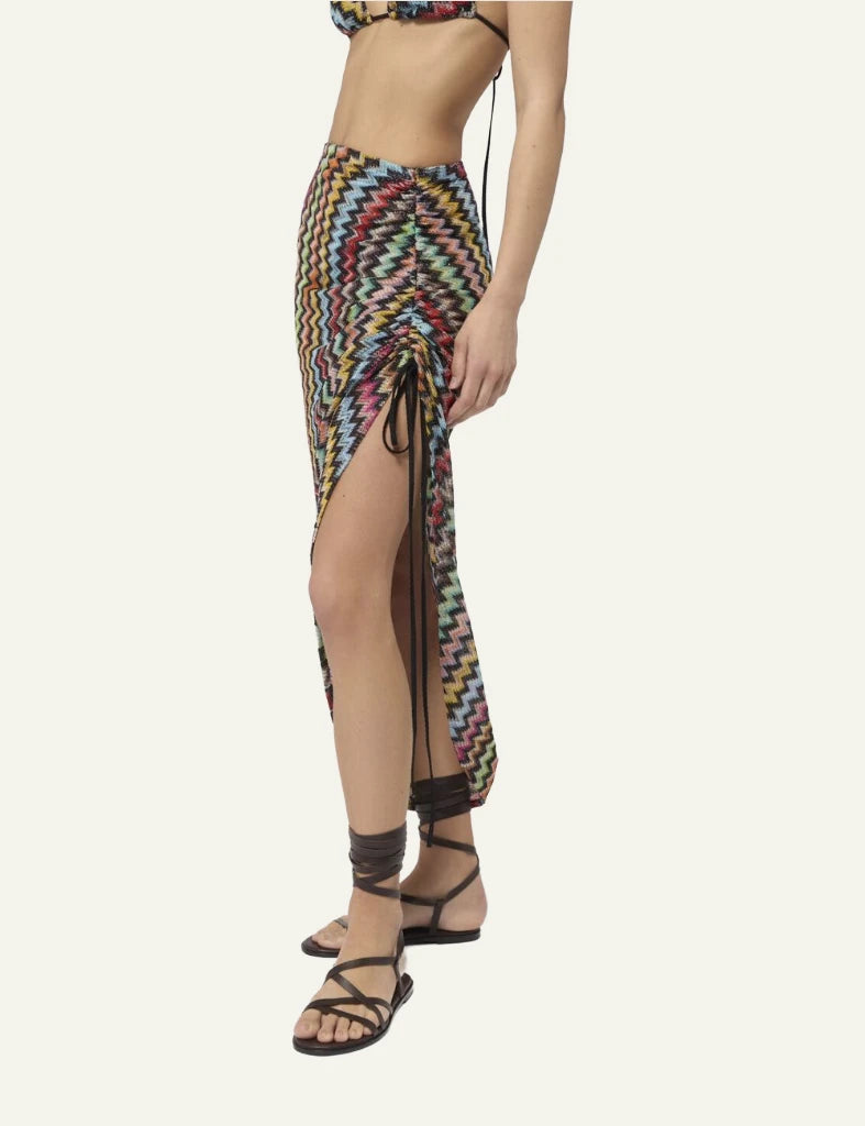 Missoni mare maxi skirt multicolor zigzag ruched front slit black base side view