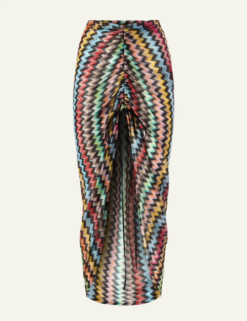 Missoni mare maxi skirt multicolor zigzag ruched front slit black base front view
