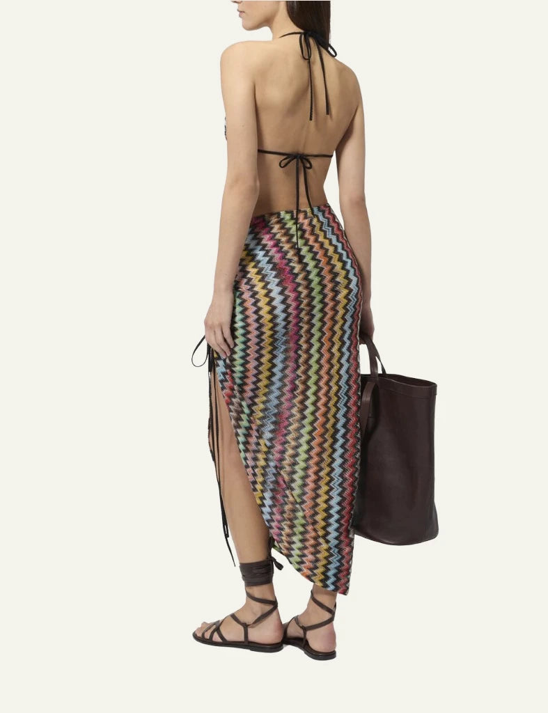 Missoni mare maxi skirt multicolor zigzag ruched front slit black base back view