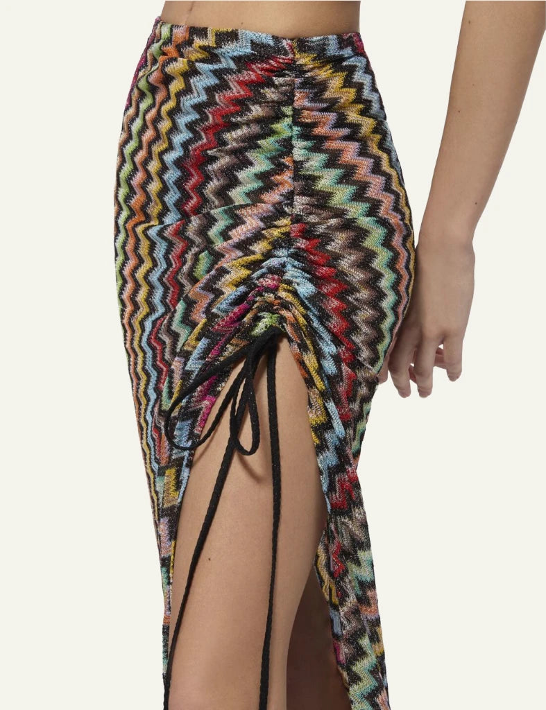 Missoni mare maxi skirt multicolor zigzag ruched front slit black base detail view