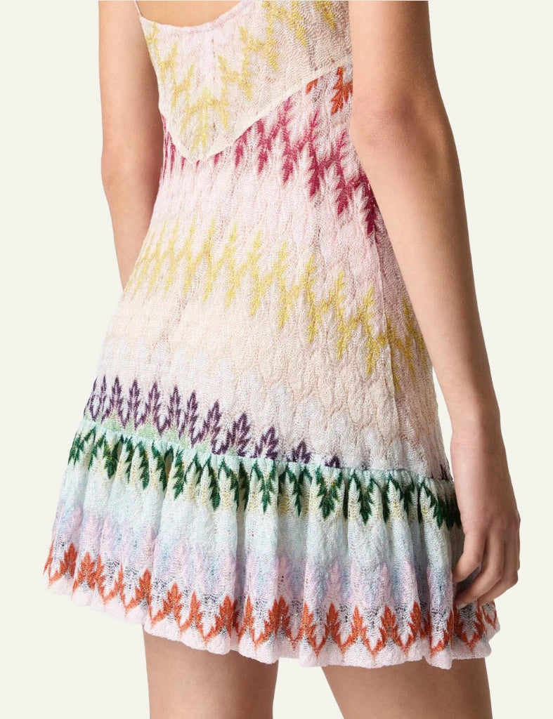 Missoni mini dress multicolor zigzag lace ruffle hem straps back detail view