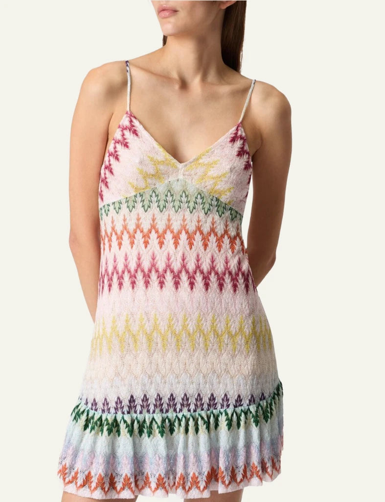 Missoni mini dress multicolor zigzag lace ruffle hem straps front full view