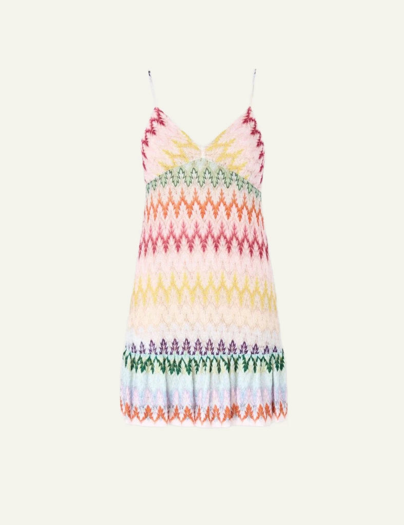 Missoni mini dress multicolor zigzag lace ruffle hem straps front view