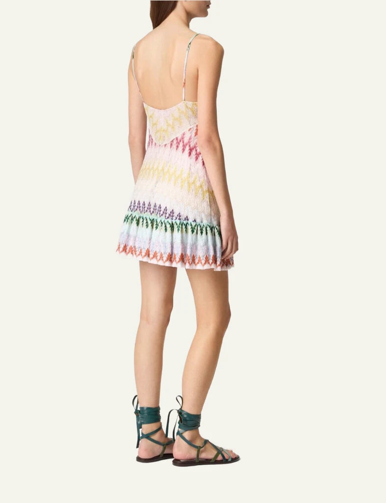 Missoni mini dress multicolor zigzag lace ruffle hem straps back view