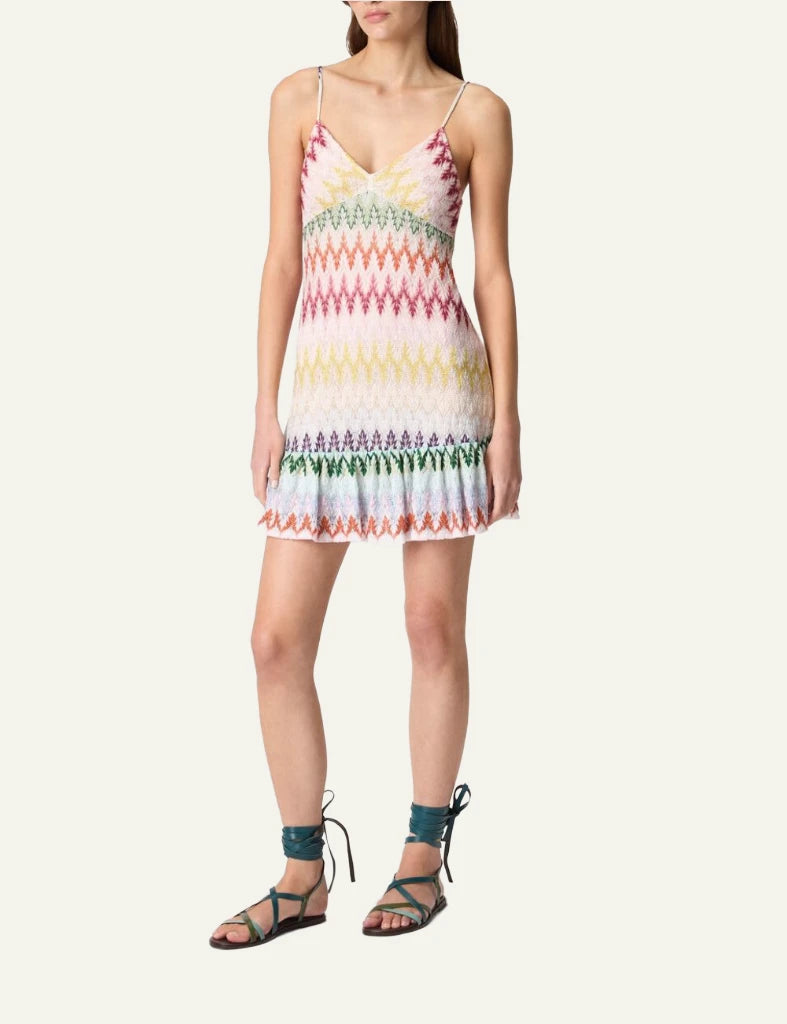 Missoni mini dress multicolor zigzag lace ruffle hem straps front full body view
